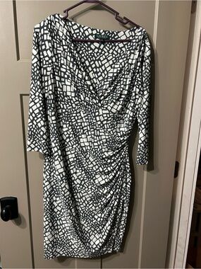 Lauren Ralph Lauren grey & White Ruched wrap V-Neck Dress stretch